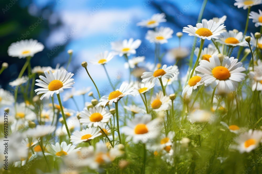 Summer landscape with daisies and blue sky. Nature background.