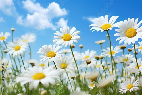 Summer landscape with daisies and blue sky. Nature background.
