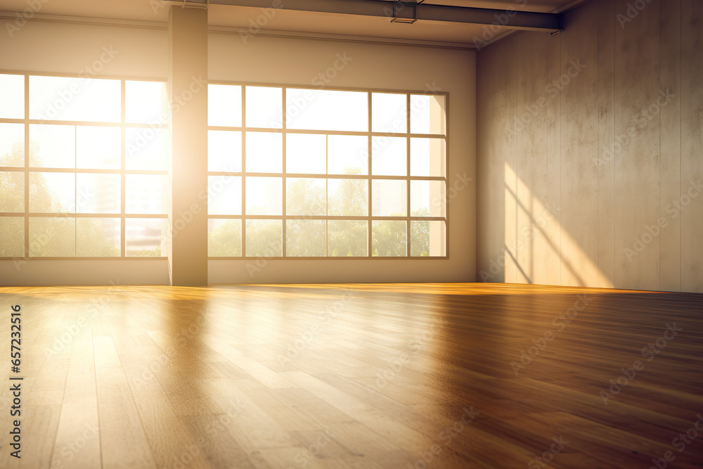 Empty room with big window in background, warm morning light Empty room with big window in background, warm morning light