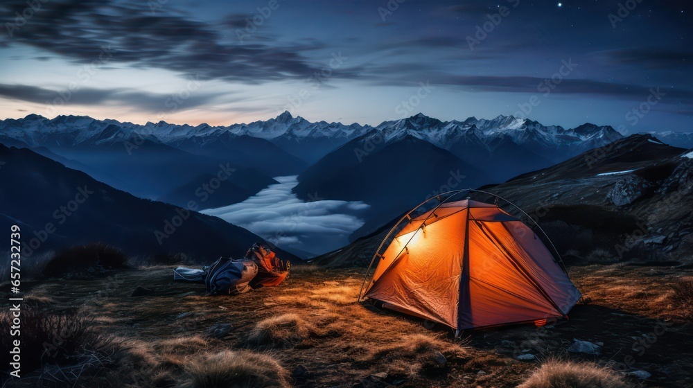 Camping in the mountains at night. The tent is on the top of the mountain.