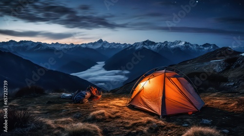 Camping in the mountains at night. The tent is on the top of the mountain. © Mr. Muzammil