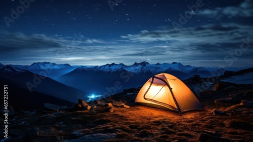 Camping in the mountains at night. The tent is on the top of the mountain.