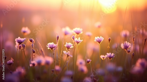 Beautiful meadow with flowers at sunset. Nature background
