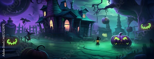 Halloween haunted house is an addictive halloween theme background with pumpkins, creepy ghosts, and witches, in the style of dark purple and green photo