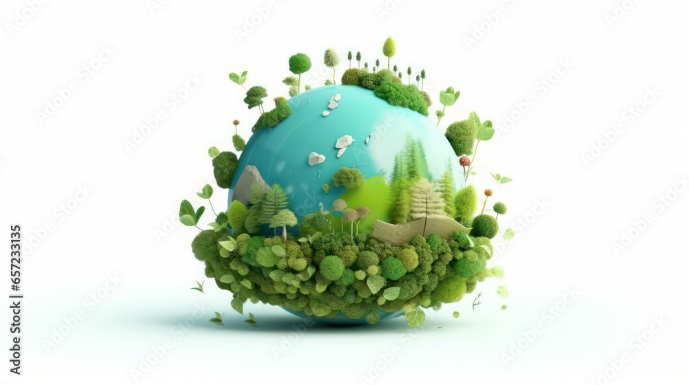 Green planet with flowers and plants on white background Green planet with flowers and plants on white background