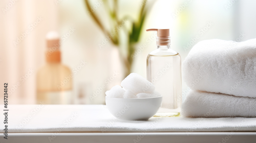 Spa products on white table in bathroom, closeup. Beauty treatment
