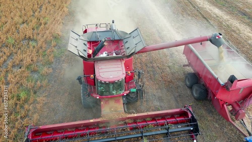 Drone shot of combine harvester revolving reel harvesting soybean crops and transferring freshly harvested soybean to tractor-trailer in cultivated agricultural field