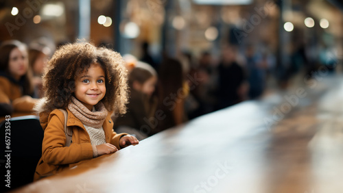 Hübsches Afroamerikanisches Kind Mädchen Gesicht an der Theke lacht und wartet im Querformat für Banner, ai generativ © www.freund-foto.de