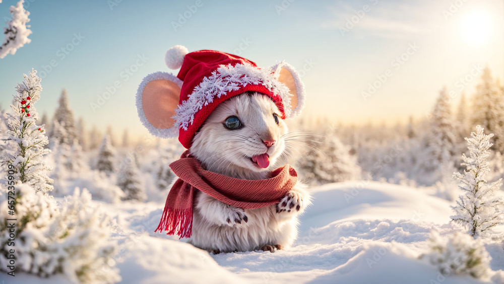Cute cartoon mouse wearing a Santa hat on a background of snow Cute cartoon mouse wearing a Santa hat on a background of snow