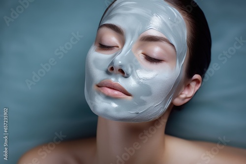 A smiling woman enjoying a spa facial treatment with a rejuvenating green clay mask for clear, healthy skin.