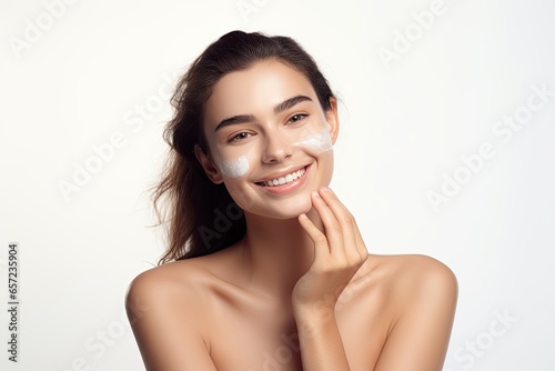 A closeup of a woman applying a facial mask, showcasing beauty and skincare for healthy, fresh skin.