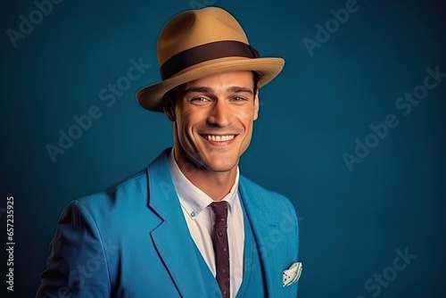 A vintage-inspired portrait of a confident and stylish young man in a classic suit and hat, exuding sophistication.