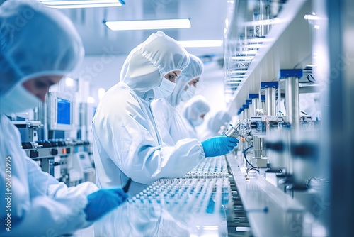 In a modern industrial facility, scientists and technicians work together on pharmaceutical and medical research photo