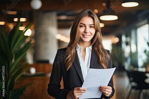A happy and confident young businesswoman in a corporate office, successfully managing her work with technology and paperwork.