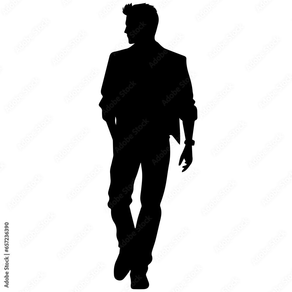 Fototapeta premium Vector silhouette of a man in a business suit standing, black color isolated on a white background