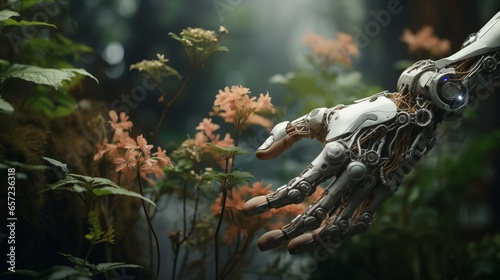 Robot hand future concept technology food science apple flower green industry arm isolated 3d plant artificial fruit. Future tech robot hand hold nature biology synthetic. AI Generative illustration