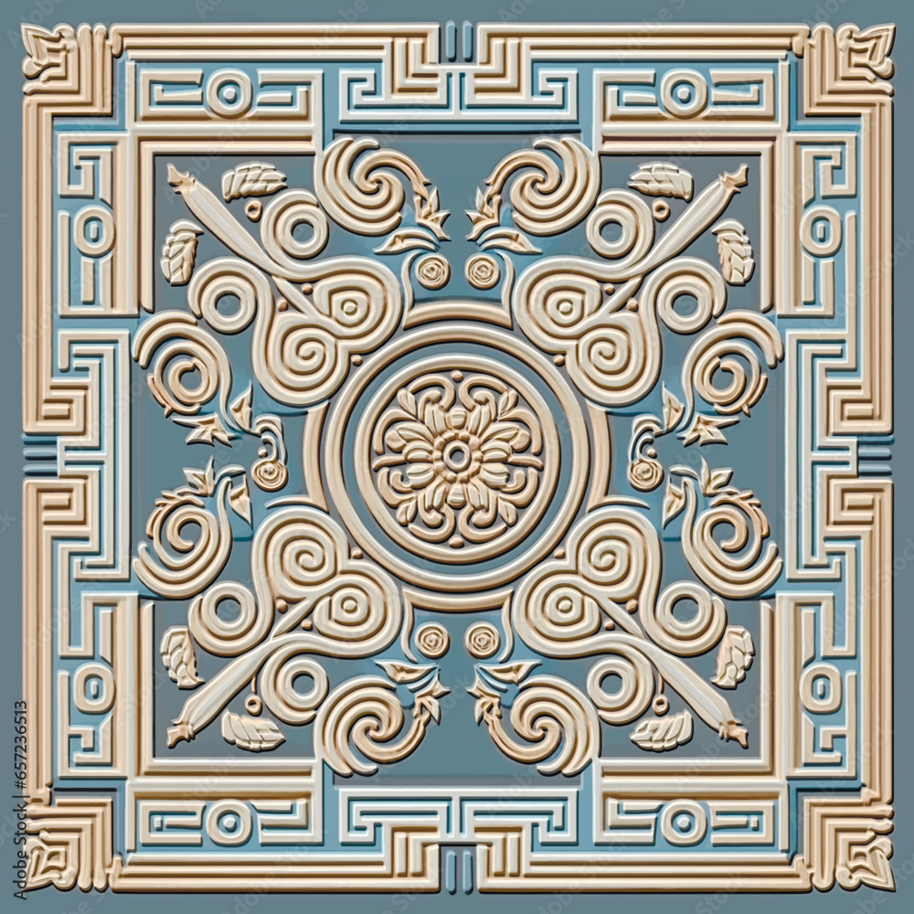 Emboss greek 3d floral seamless pattern with square frame. Embossed relief background. Greek key meanders surface flowers ornament. Abstract repeat textured backdrop. Embossing endless texture. Tile