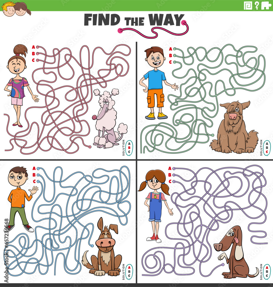 Fototapeta premium maze activities set with children or teens with their dogs
