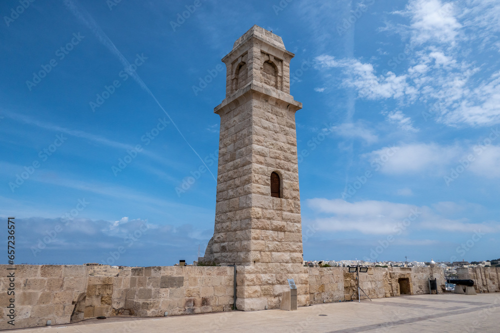 Birgu, Malta, May 1, 2023. Watchtower of Fort Saint Angel. It is a military fort, built in the town of Birgu south of the Grand Harbor