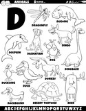 cartoon animal characters for letter D set coloring page