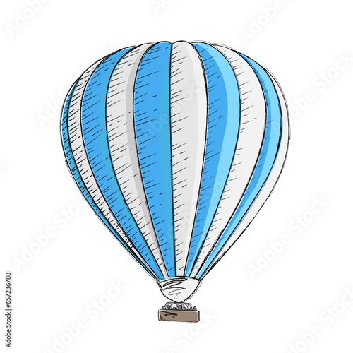 Hot air balloon drawing vector illustration. Graphic striped parachute stock image isolated colourful aircraft. Crayon pencil sketch. Drawing blue ballon