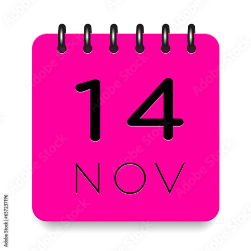 14 day of the month. November. Pink calendar daily icon. Black letters. Date day week Sunday, Monday, Tuesday, Wednesday, Thursday, Friday, Saturday. Cut paper. White background. Vector illustration.
