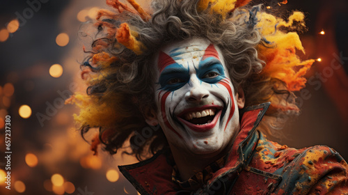 Mr Clown close up face. Portrait of Funny face Clown man in colorful uniform Against the background of fireworks and celebration © PaulShlykov