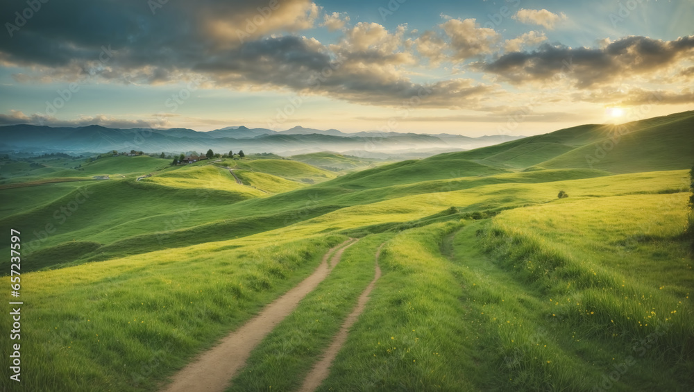 Obraz premium Winding path through lush fields in hilly terrain, illuminated by dawn's light against a cloud-dappled blue sky