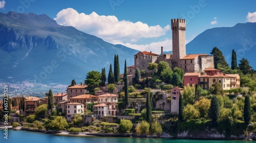 
İtalya'nın Veneto bölgesi, Garda Gölü'ndeki eski şehir Malcesine'deki antik kule ve kale. Ev çatılı yaz manzarası. seyahet konsepti. photo