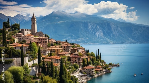  İtalya'nın Veneto bölgesi, Garda Gölü'ndeki eski şehir Malcesine'deki antik kule ve kale. Ev çatılı yaz manzarası. seyahet konsepti.