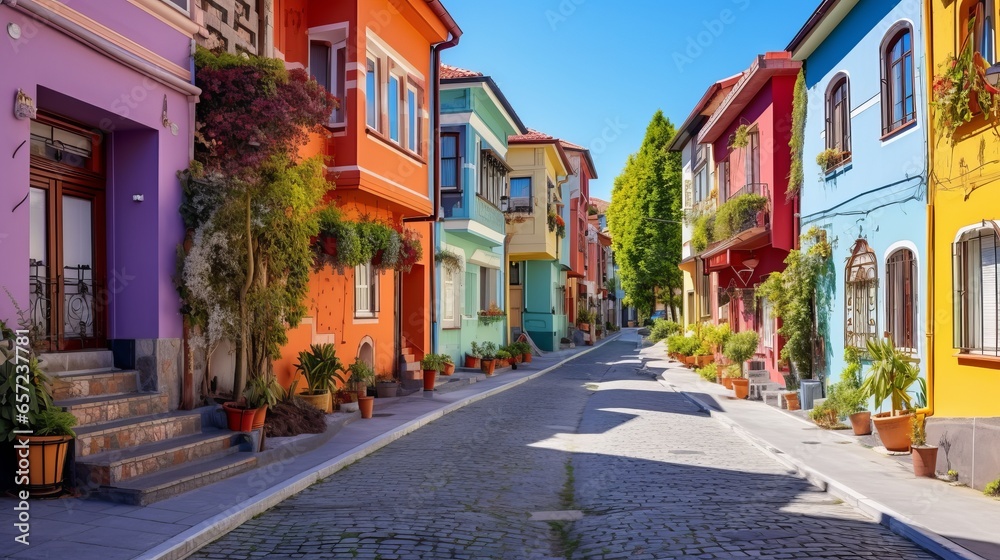 Beautiful colorful houses in Istanbul. Historical houses of Turkey belonging to the Ottoman period. View of colorful houses from the streets of Istanbul. summer landscape in the city. Balat, istanbul. - obrazy, fototapety, plakaty 