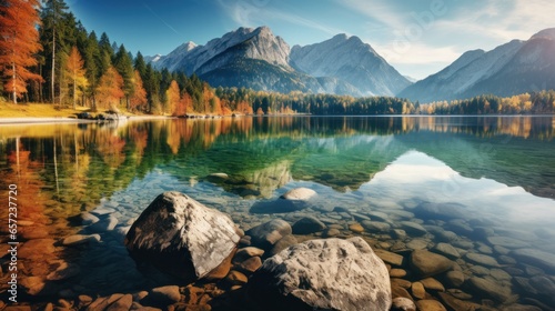Beautiful autumn scene of Hintersee lake. Colorful morning view of Bavarian Alps on the Austrian border, Germany, Europe. Beauty of nature concept background. photo