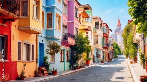 Beautiful colorful houses in Istanbul. Historical houses of Turkey belonging to the Ottoman period. View of colorful houses from the streets of Istanbul. summer landscape in the city. Balat  istanbul.