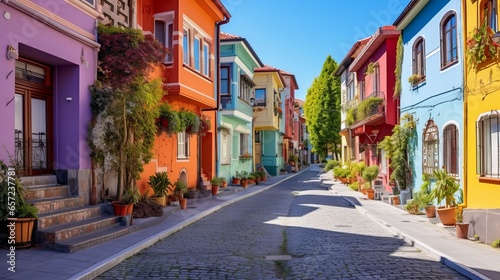 Beautiful colorful houses in Istanbul. Historical houses of Turkey belonging to the Ottoman period. View of colorful houses from the streets of Istanbul. summer landscape in the city. Balat, istanbul. photo