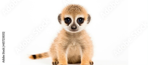 2 month old meerkat or suricate cub photographed against a white background