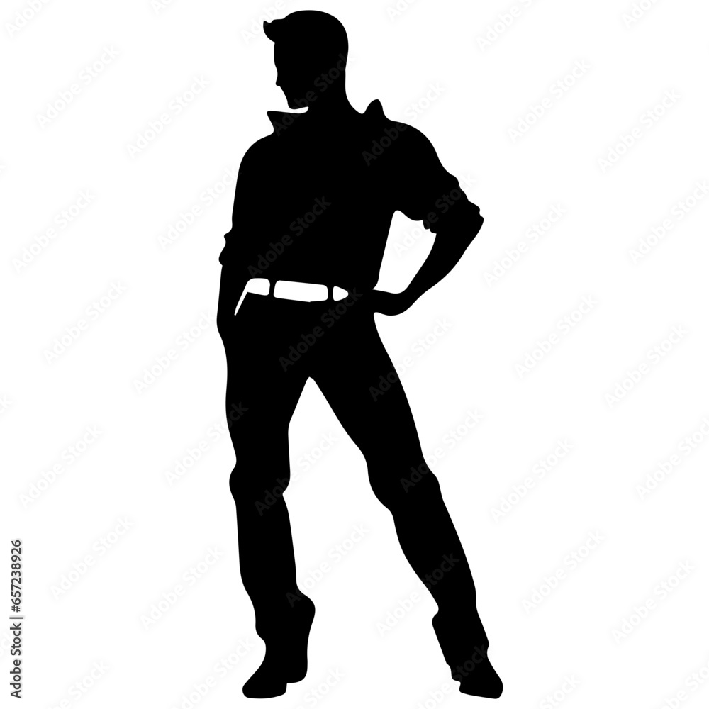 Vector silhouette of a man in a business suit standing, black color isolated on white background