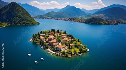 Magical Lake Iseo. Beautiful island of Monte Isola, Italy, Brescia province. View of Italian lakes. photo