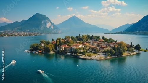 Magical Lake Iseo. Beautiful island of Monte Isola, Italy, Brescia province. View of Italian lakes. photo