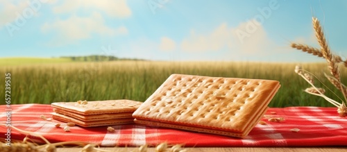 of plain saltine crackers on red picnic plaid with farmland backdrop photo