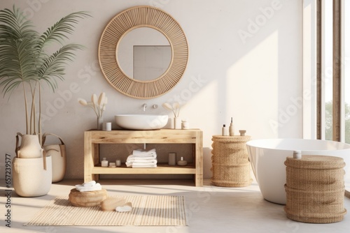 Boho style bathroom  interior with rattan furniture and greenery  filled with light