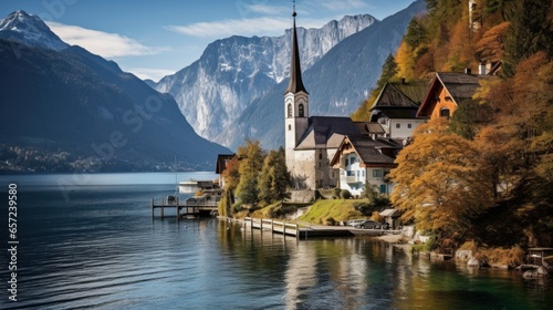 Traunkirchen, Austria - The monastery church in the lakeside village Traunkirchen on lake Traunsee