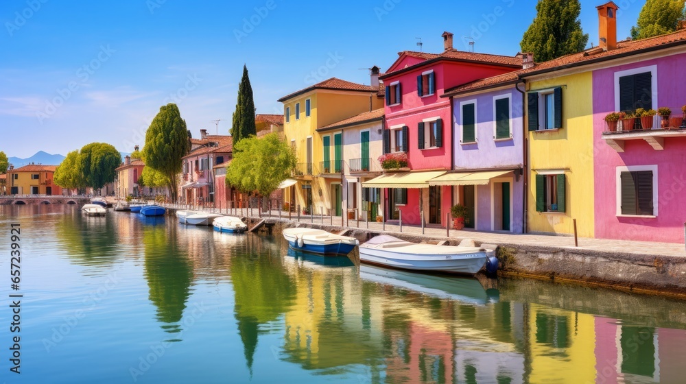 Peschiera del Garda - charming village located on the magnificent lake Lago di Garda, famous for its colorful houses. Verona province, northern Italy - obrazy, fototapety, plakaty 