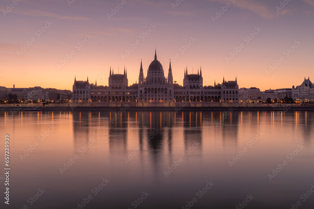 Morning reflections of Hungarian parliament