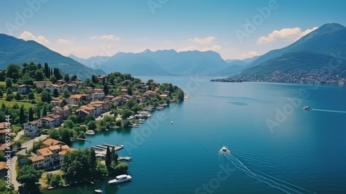 Romantic beautiful lake Iseo  aerial view of Lovere idyllic village surrounded by mountains. Italy   Bergamo province