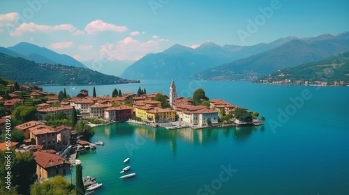 Romantic beautiful lake Iseo, aerial view of Lovere idyllic village surrounded by mountains. Italy , Bergamo province photo