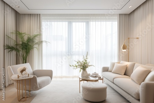 Elegant living room in minimalist style with luxury curtains