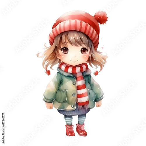 little girl wearing Christmas costume. watercolor illustration