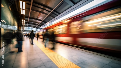 A very fast train passes a platform in a train station, motion blur, people standing on the platform