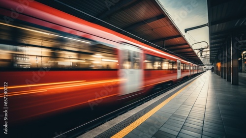 A very fast red train passes an empty platform in a train station, motion blur, no people