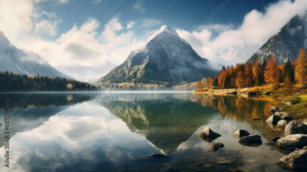 Beautiful view of Hintersee lake in autumn. Amazing nature landscape with mountains, lake and magical sky in autumn. Amazing atmospheric nature view. Travel destination.